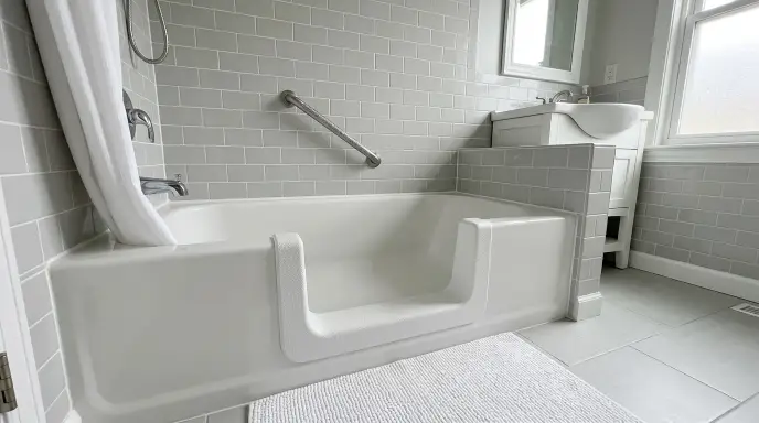 Low-threshold tub cut-out conversion insert installed on an acrylic bathtub to lower step-in height without remodeling