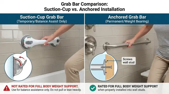 Suction-cup grab bar compared to anchored grab bar; suction cups are not rated for full body weight