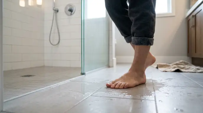 Testing a wet bathroom tile floor with bare foot to check slip resistance