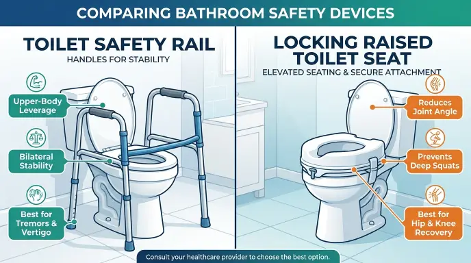 Side-by-side comparison diagram showing toilet safety rails for balance support versus a raised toilet seat for joint relief in an elderly bathroom.
