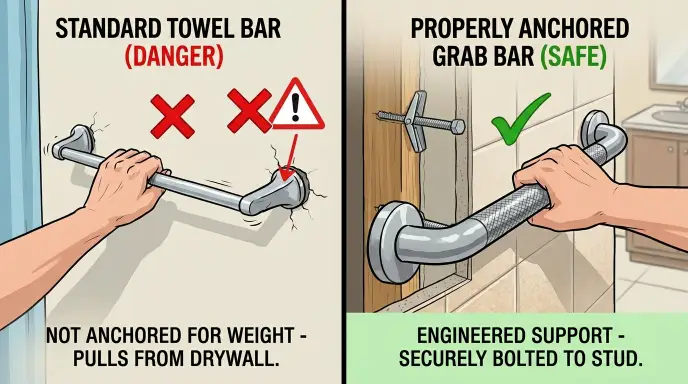 Comparison of a standard towel bar and a properly anchored grab bar in a senior bathroom
