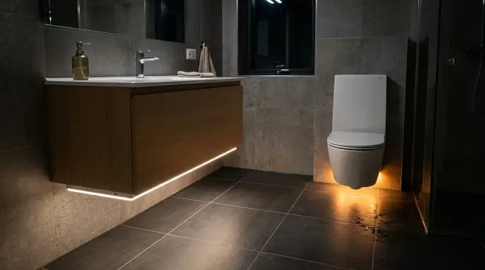 Rechargeable magnetic amber LED strip light mounted under a floating bathroom vanity cabinet.