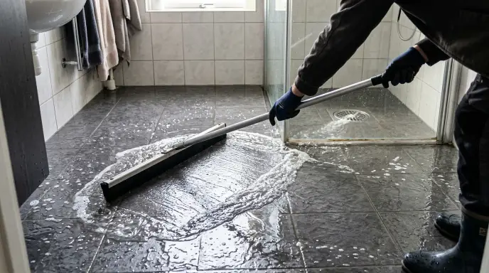 Using a rubber floor squeegee to remove excess standing water from a wet bathroom floor to prevent slip hazards.