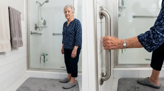 Vertical grab bar mounted at walk-in shower entry to assist seniors stepping over the threshold curb.