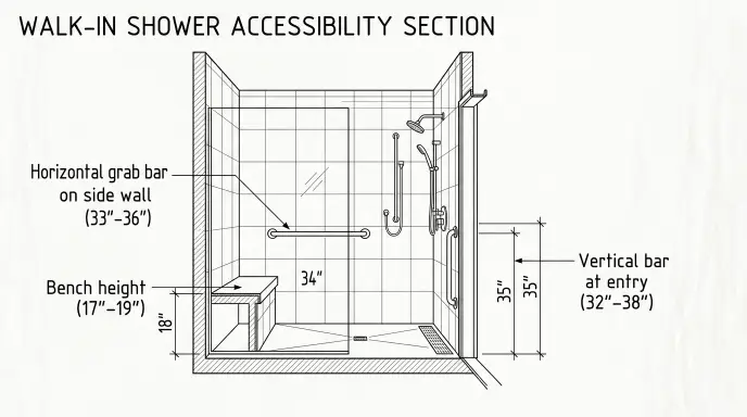 Walk-in shower grab bar placement diagram showing exact mounting heights and bench dimensions for senior safety.