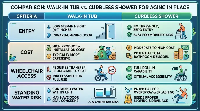 Comparison of walk-in tub vs curbless shower for aging in place: entry, cost, wheelchair access, standing water risk