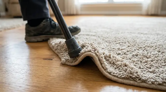 walker wheel catching edge of high pile bathroom rug causing a senior trip hazard