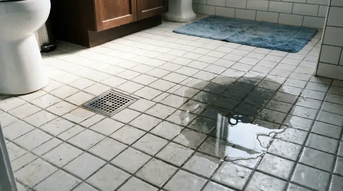 Standing water pooling on a tiled bathroom floor due to poor slope and improper drainage.
