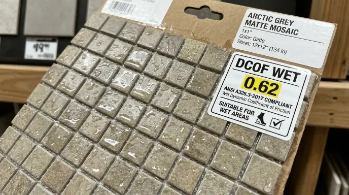 Chart comparing wet DCOF slip ratings of glossy tile, matte tile, and small-format mosaic tile for bathroom floors