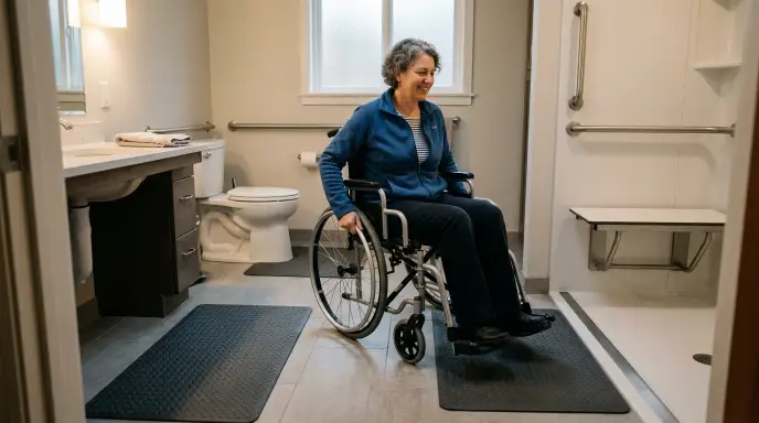 Wheelchair user navigating a bathroom with low-profile non-skid mats and dry flooring