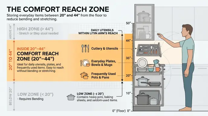 Diagram showing the 20 to 44 inch golden reach zone for safe kitchen cabinet storage.