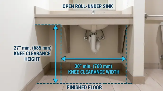 Diagram showing senior accessible bathroom sink dimensions including 27-inch knee clearance and 34-inch counter height