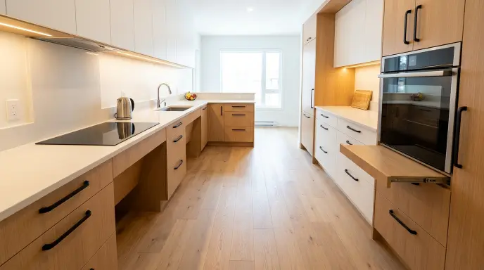 Aging in place kitchen design with wide pathways and accessible countertops for senior safety.
