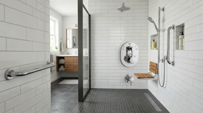 Anti-scald valve and lever faucet installed in an accessible walk-in shower for seniors