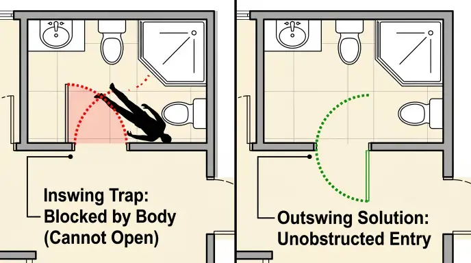 Diagram comparing standard inswing bathroom door trap hazard with an outward swinging rescue door for seniors.