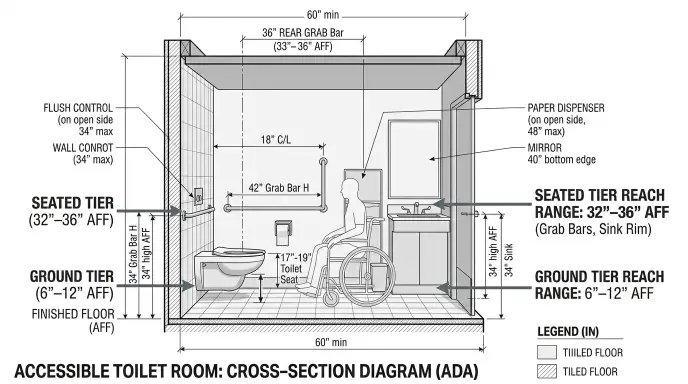 Diagram showing two-tier bathroom fall alert placement heights at 6 to 12 inches off floor and 32 to 36 inches seated level