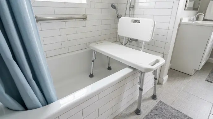 Bathtub transfer bench straddling a 15-inch tub wall with two suction legs inside and two rubber feet on the bathroom floor