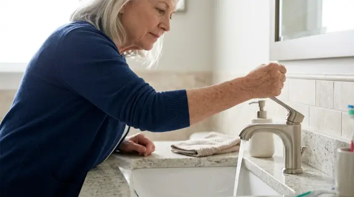Senior with arthritic hands operating an ADA single lever bathroom faucet using a closed fist