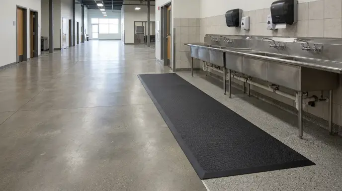 Beveled edge non slip anti fatigue rubber floor mat placed in a wide senior kitchen pathway.