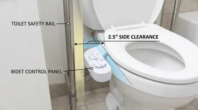 Measuring side clearance between a toilet safety rail bracket and a bidet attachment control panel
