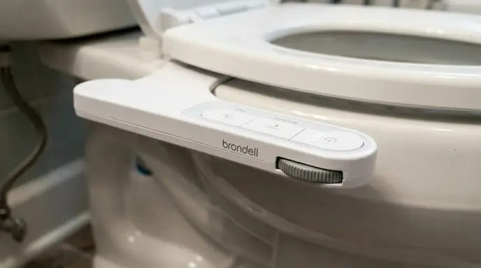 Close-up of Brondell FreshSpa Thinline Precision bidet attachment featuring easy-press push buttons and a smooth finger-scroller wheel instead of a twist knob