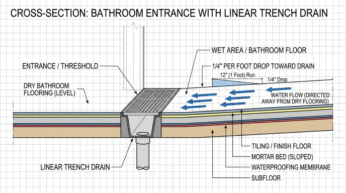 Cross section diagram showing 1/4 inch per foot floor slope and linear trench drain preventing water leaks in curbless shower