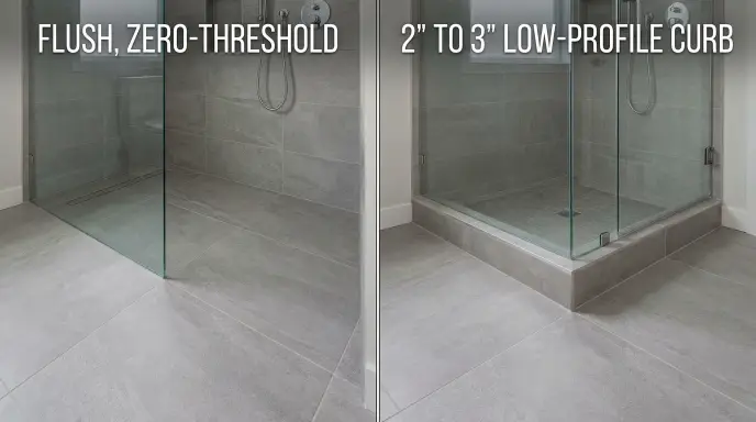 Curbless vs low curb shower comparison for senior bathroom safety