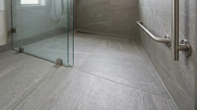 Zero-threshold curbless walk-in shower featuring slip-resistant floor tiles, angled grab bars, and a built-in bench for seniors.
