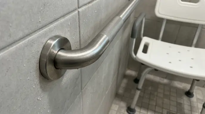 ADA compliant stainless steel grab bar and adjustable shower stool for senior fall prevention