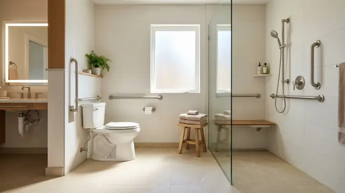 Senior-friendly accessible bathroom featuring a barrier-free walk-in shower and secure stainless steel safety grab bars.