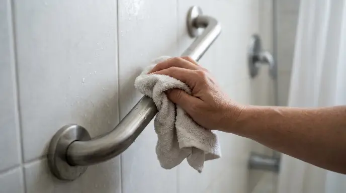 Hands wiping a bathroom grab bar dry before standing up from a shower seat