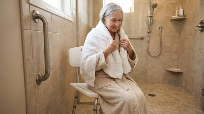 Senior sitting safely on a shower chair drying off with a towel within reach