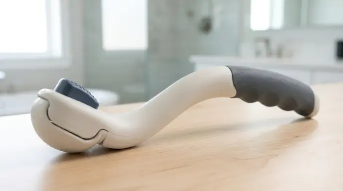 Curved ergonomic bottom wiper wand designed to extend reaching distance for individuals with arthritis and frozen shoulder.