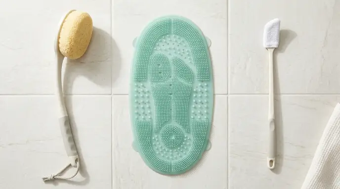 Set of three adaptive bathing aids for seniors including a curved back sponge, suction foot scrubber mat, and long reach toe washer