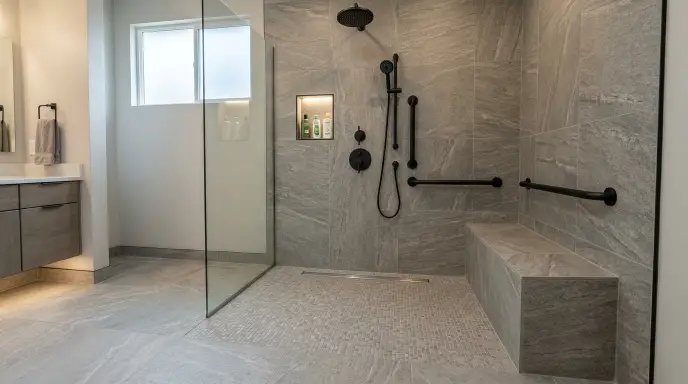 barrier free zero threshold curbless roll in shower with linear drain for aging in place accessibility