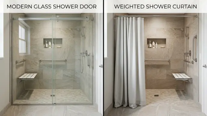 glass shower doors vs curtains for seniors fall safety comparison in an accessible bathroom