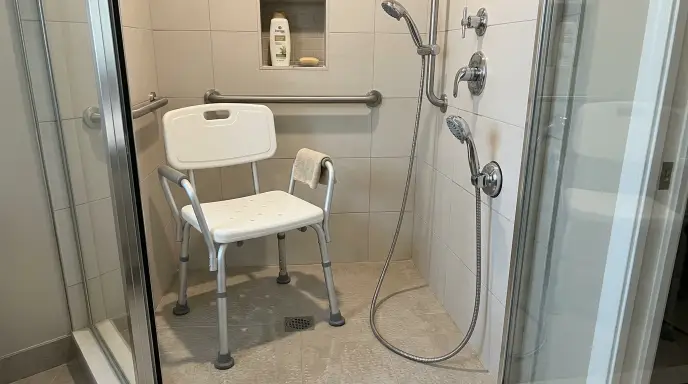 Handheld shower head setup for seniors with 84-inch flexible hose and low wall bracket next to a shower chair