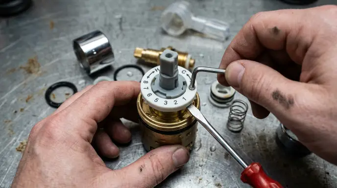 Plumber adjusting the plastic rotational limit stop on a single-handle shower valve to cap hot water