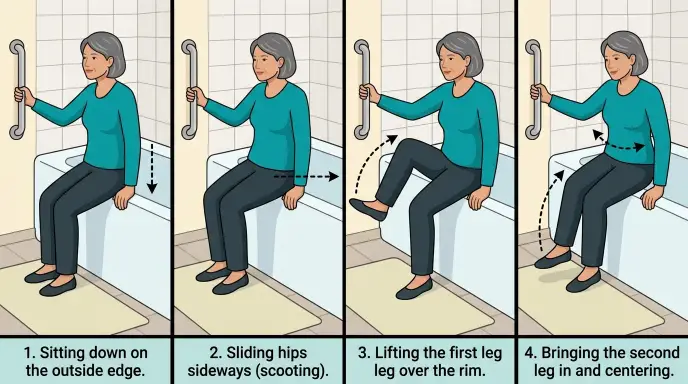 Step-by-step visual guide showing a senior performing the scoot and pivot technique to safely enter a bathtub using a transfer bench