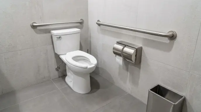 Senior-friendly accessible toilet area with a supportive wall grab bar for safe personal hygiene and mobility assistance.