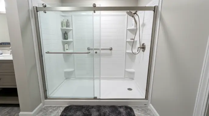 low threshold prefabricated acrylic shower pan installed in place of an old bathtub