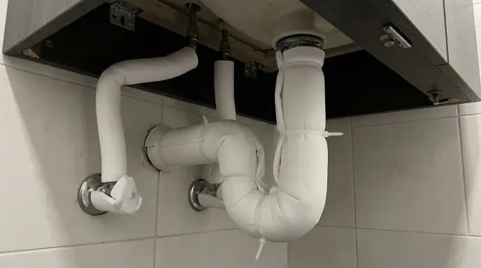 Insulated protective pipe wrap covering hot water lines beneath an open-base vanity to prevent scalds