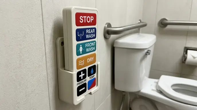 Wall mounted bidet remote with large intuitive buttons for seniors with limited neck and shoulder mobility