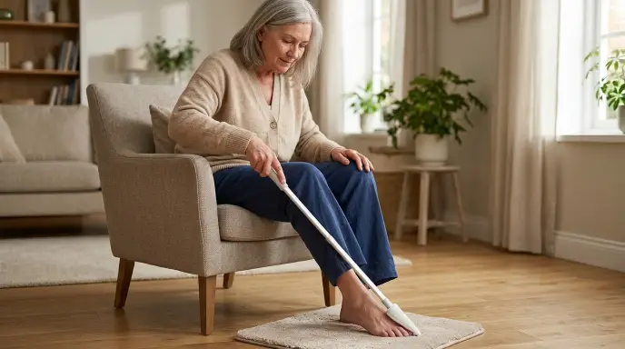 Elderly person using a long-handled toe washer wand to clean between toes from knee level for diabetic foot care