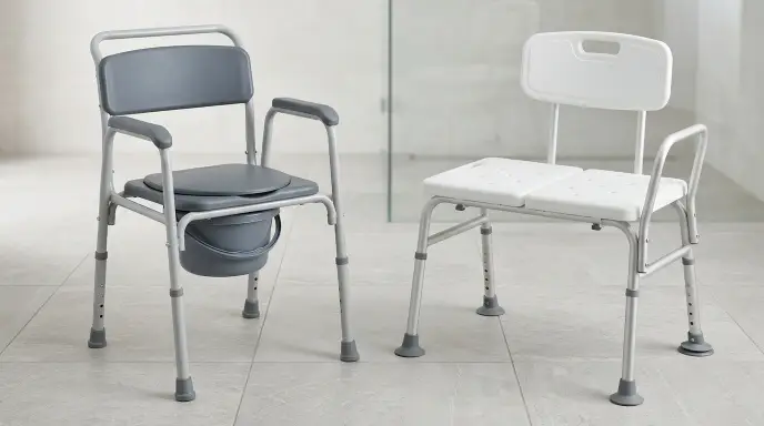 Medicare-covered durable medical equipment including a portable bedside commode chair and a sturdy bathtub transfer bench.
