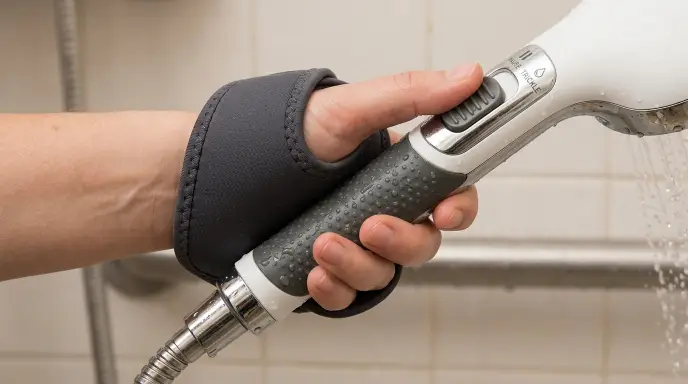 Moen DN8001 Home Care handheld shower head wand featuring safety wrist strap and in-handle pause switch