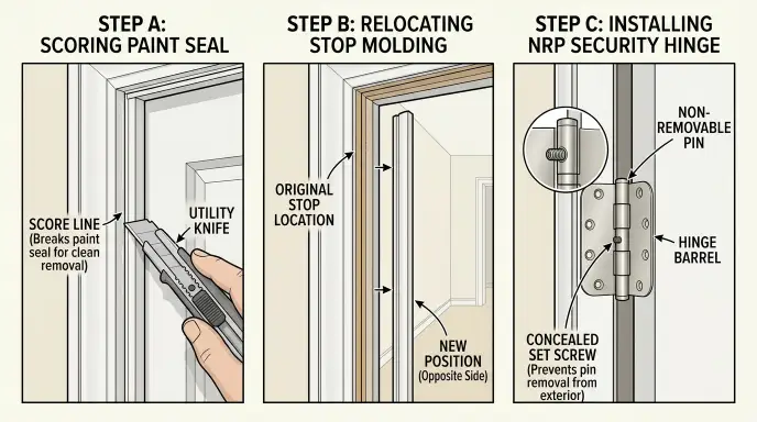 Step-by-step diagram showing how to relocate door stop molding and install non-removable pin hinges for an outswing door retrofit.