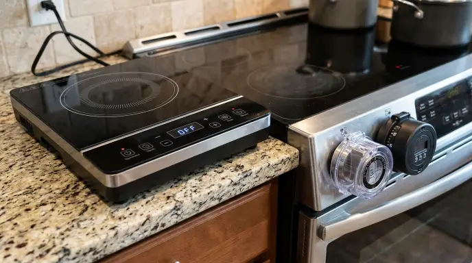 Portable countertop induction cooktop with automatic shut off stove knob safety guards for seniors.