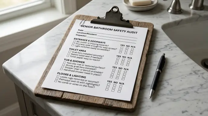 Printable senior bathroom safety checklist 1-page PDF audit form on a wooden clipboard with a pen