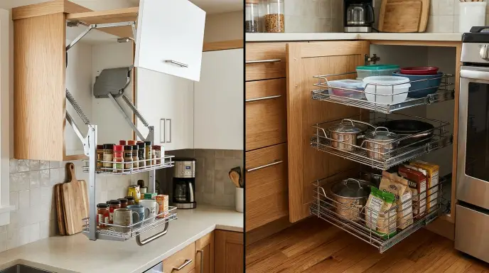Pull down upper cabinet shelving kit and pull out wire base drawers for seniors with arthritis.